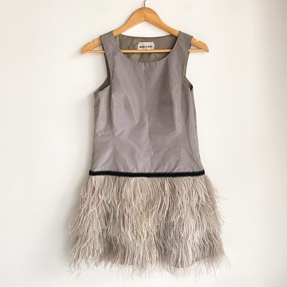 Brose Grey Silk Ostrich Feathers Short Sleeveless Cocktail Dress 6 - Picture 9 of 9